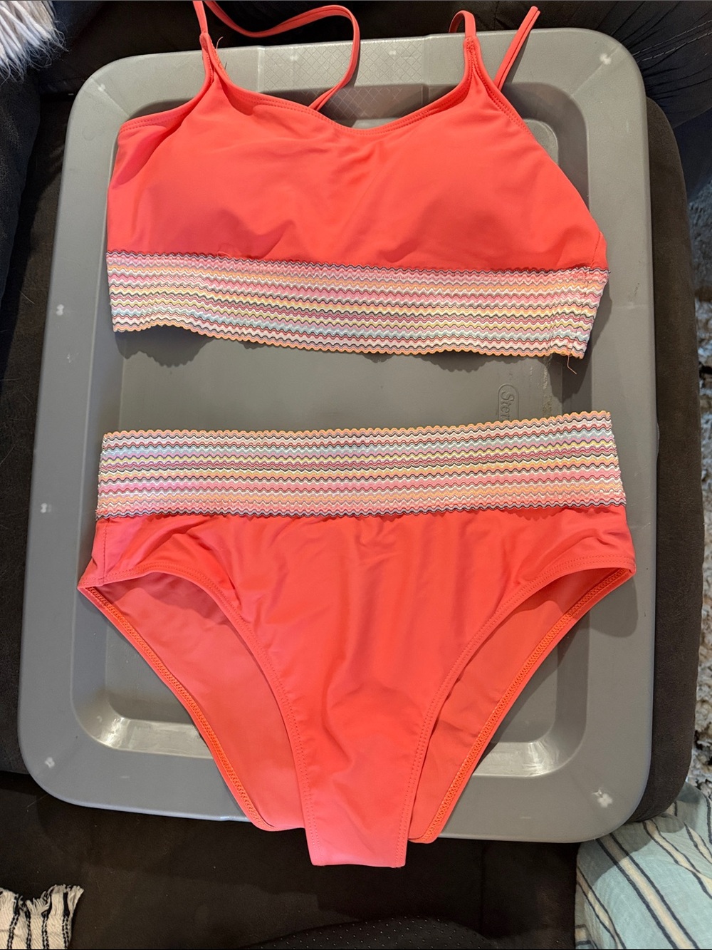 SHEIN Coral Two-Piece High-Waist Bikini with Striped Trim